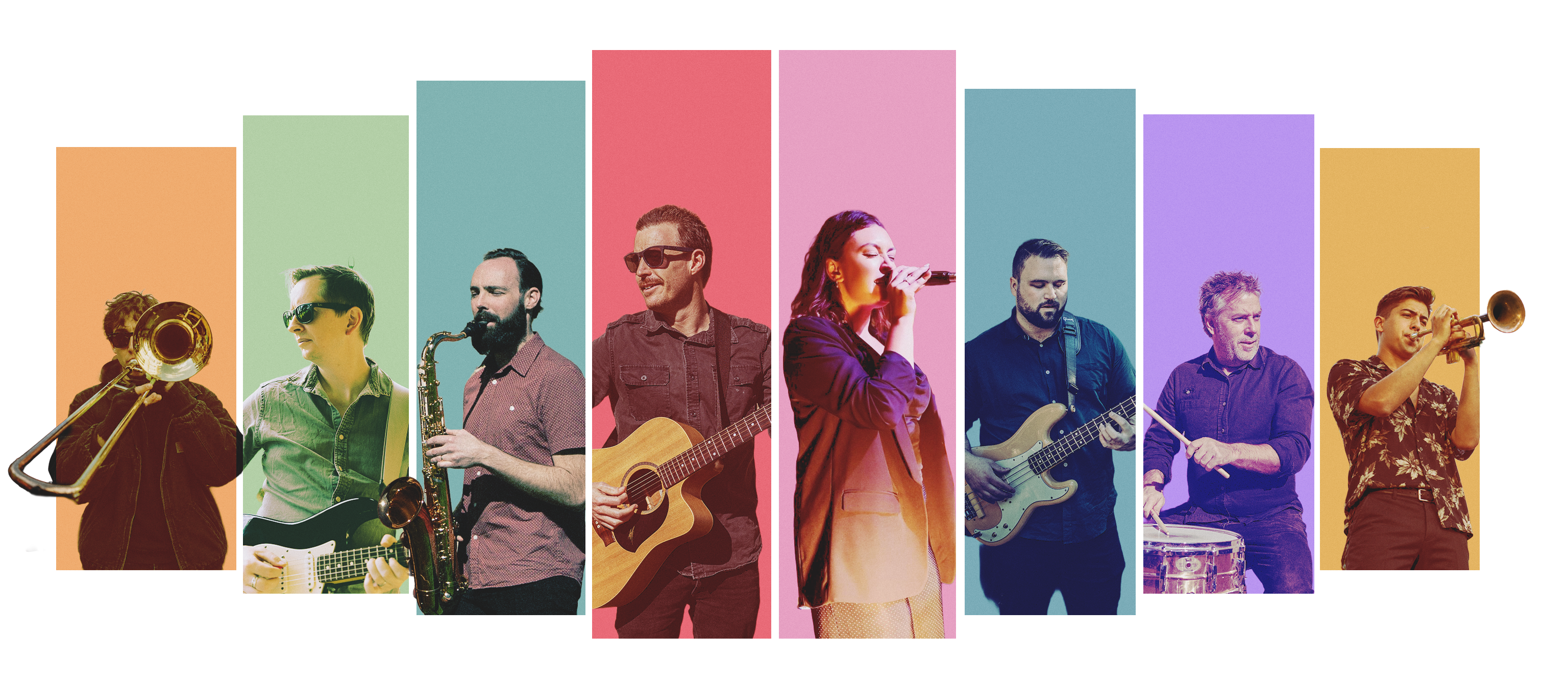 HOT DAMN! wedding band lineup with three-piece horn section — trombone, saxophone and trumpet with guitar, vocals, bass and drums
